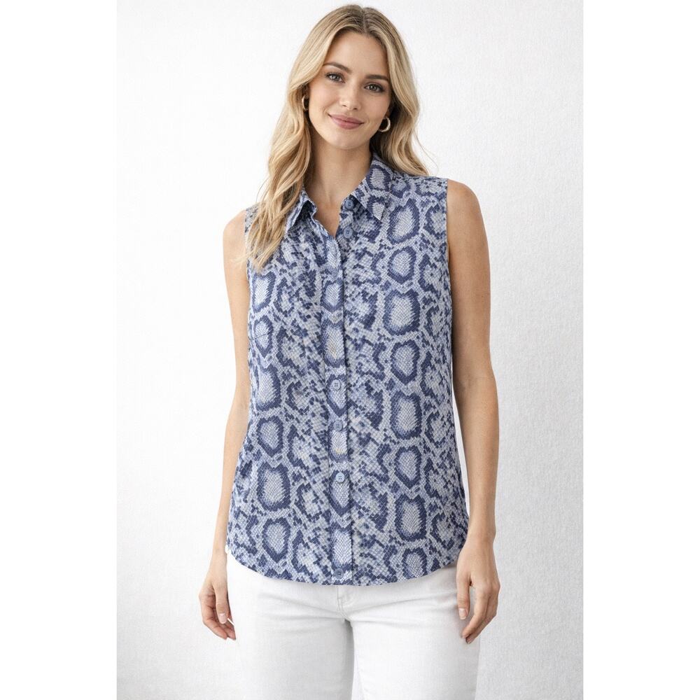 Equipment Sleeveless Silk Animal Print Button Up Top, Blue, Women's Sz Small